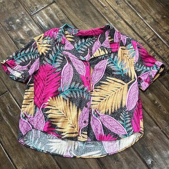 Jane + Delancey Tropical Print Button Down Short Sleeve Shirt‎ Medium - Picture 1 of 9